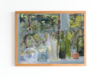 ART PRINT | Vintage Still Life Oil Painting | Window with Bottles a Glass Globe and an Apple Artwork | Kitchen Wall Art | Pastel Art Print