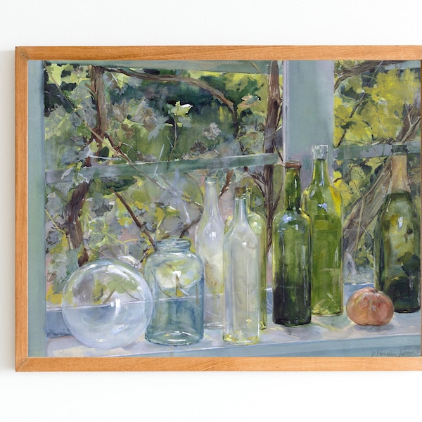 KUNSTAFDRUK | Vintage stilleven olieverfschilderij | Raam met Flessen, een Glazen Bol en een Appelkunstwerk | Keuken kunst aan de muur | Pastelkunstafdruk