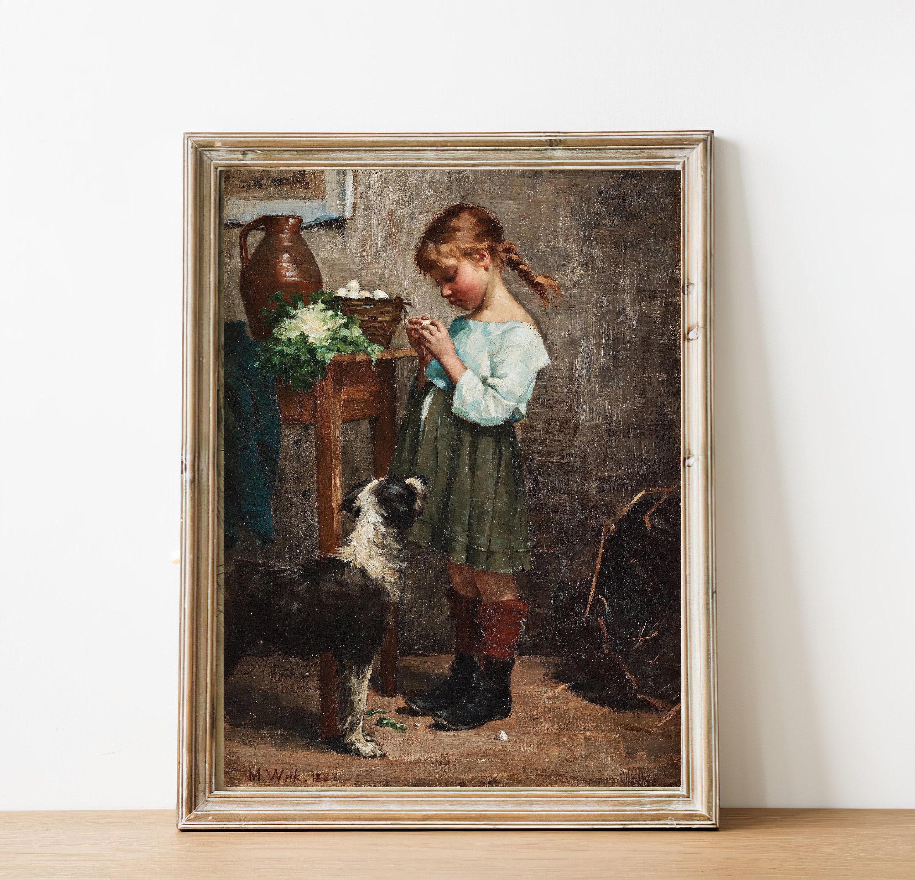 Girl With Dog Art Print | Vintage Oil Painting Portrait - Etsy UK