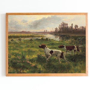 ART PRINT | Vintage Dogs Oil Painting | English Pointers Wall Art Print | Farmhouse Decor | Antique Dogs Print | Pet Painting | Hunting Art