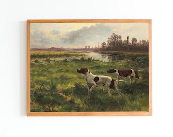 ART PRINT | Vintage Dogs Oil Painting | English Pointers Wall Art Print | Farmhouse Decor | Antique Dogs Print | Pet Painting | Hunting Art