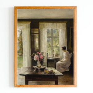 ART PRINT | Vintage Interior Scene Painting | Woman by the Window Art | Antique Woman Painting | Rustic Interior Wall Art | Scandinavian Art