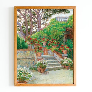 ART PRINT | Vintage Garden Scene Oil Painting | Geraniums Art Print | Architecture Oil Painting | Impressionist Art | Garden Flowers Print