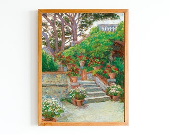 ART PRINT | Vintage Garden Scene Oil Painting | Geraniums Art Print | Architecture Oil Painting | Impressionist Art | Garden Flowers Print