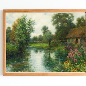 ART PRINT | Antique River Oil Painting | Vintage Cottage Art Print | Country Painting | Cabin Art | Riverbank Art Print | Farmhouse Decor