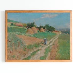 ART PRINT | Vintage Meadow Oil Painting | Woman Picking Wild Flowers Art | Country Landscape | Farmhouse Decor | Wild Flowers Artwork
