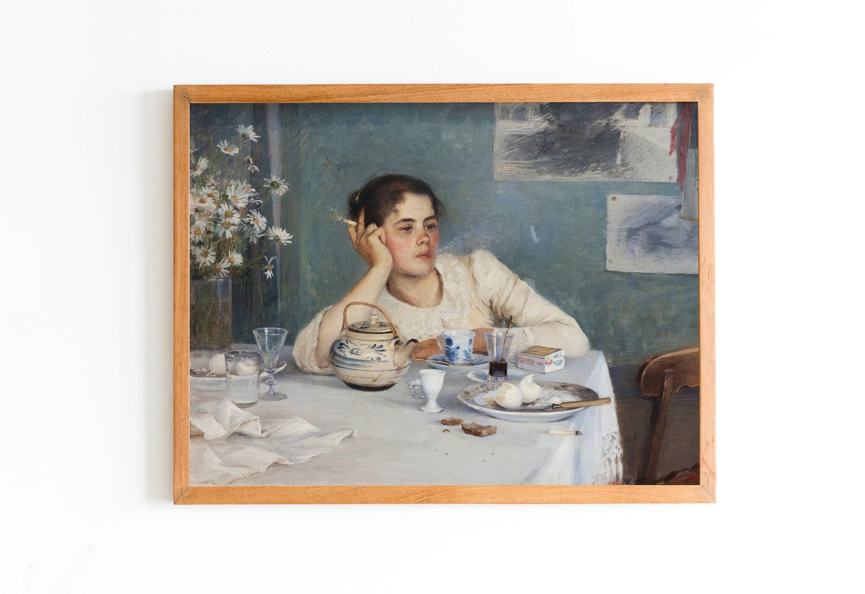 ART PRINT | Girl Smoking After Breakfast | Vintage Woman Portrait Oil Painting | Interior Scene Wall Art Print | Old Fashion Painting