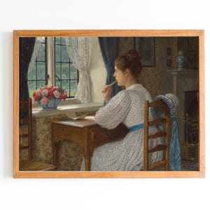 IMPRESIÓN ARTÍSTICA / Pintura al óleo de mujer antigua / Arte de retrato de niña vintage / Mujer joven escribiendo una carta / Pintura francesa / Obra de arte de escena interior