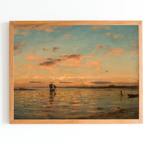 IMPRESIÓN ARTÍSTICA / Pintura al óleo de barcos en la playa al atardecer / Arte vintage de atardecer / Impresión vintage junto al mar / Impresión artística del amanecer en el océano / Arte de paisaje marino
