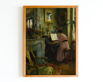 ART PRINT | Woman Playing Piano Oil Painting | Musical Instrument Art Print | Interior Scene Art | Pianist Oil Painting | Piano Artwork