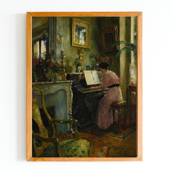 ART PRINT | Woman Playing Piano Oil Painting | Musical Instrument Art Print | Interior Scene Art | Pianist Oil Painting | Piano Artwork