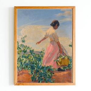ART PRINT | Woman in the Vineyard Wall Art Print | Grape Picking Home Decor | Vintage Woman Figurative Painting | Young Girl in the Garden