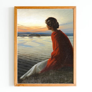 ART PRINT | Profile of a Woman Silhouette Watching Sun Oil Painting | Beach at Sunset Wall Art Print | Sea Sunrise Artwork