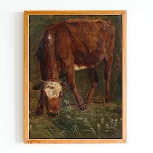 ART PRINT | Antique Cow Oil Painting | Classic Animal Painting | Cow Grazing Wall Art Print | Rural Artwork |  Farm Animals
