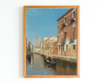 ART PRINT | Antique Venice Oil Painting | Vintage Venice Grand Canal Wall Art Print | Gondola Painting | Architecture Art | European Art