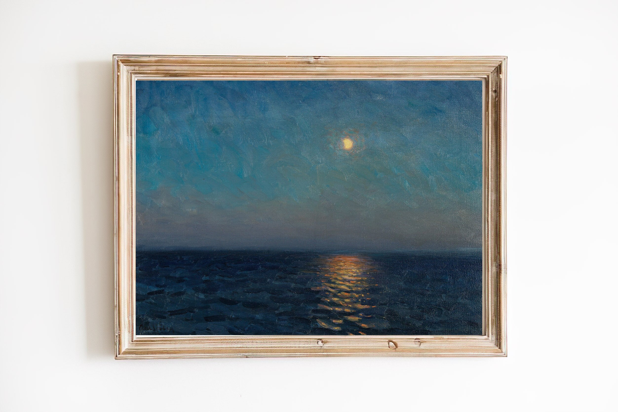 アートプリント | ヴィンテージの夜の海の油絵 | 穏やかな波の壁アート