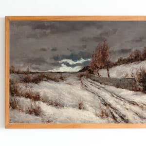 ART PRINT | Vintage Winter Landscape Painting | Snowy Scenery Art Print | Snow Covered Road Artwork | Cloudy Winter Day Art
