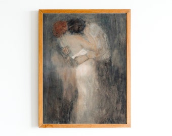 ART PRINT | Vintage Love Couple Hug Oil Painting | Romantic Artwork | Loving Couple Hug Print | Abstract Couple Art Print | Neutral Painting