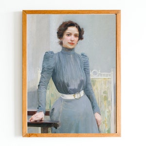 ART PRINT | Woman in a Grey Dress Oil Painting | Classic Woman Portrait | Fashion Wall Art Print | Feminine Artwork