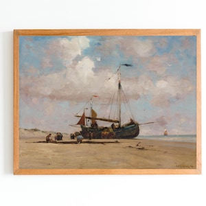 ART PRINT | Vintage Seaside Oil Painting | Sailboat Art Print | Seaside Painting | Beach House Decor | Coastal Print | Nautical Wall Decor
