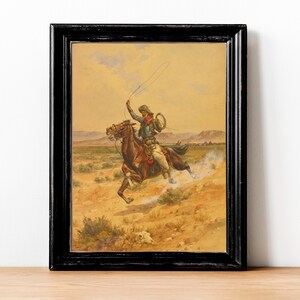 Vintage Cowboy Konsttryck | Vilda Västern Häst Oljemålning bild 5