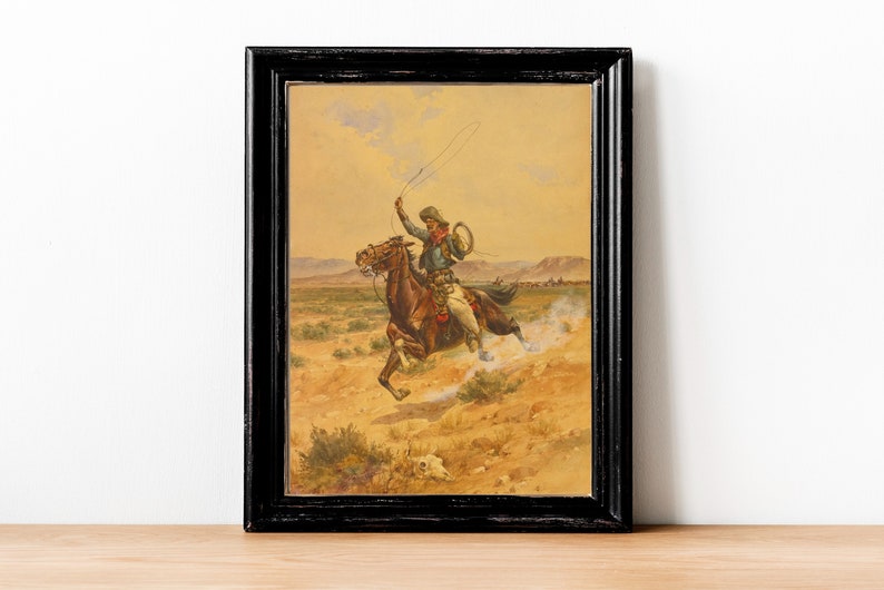Vintage Cowboy Konsttryck | Vilda Västern Häst Oljemålning bild 5