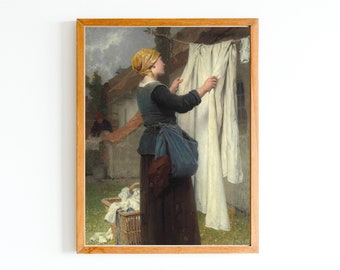 May include: A painting of a woman in a blue dress and yellow headscarf hanging laundry on a line outside a building. The woman is holding a white sheet in her hands. There are other pieces of laundry hanging on the line behind her.