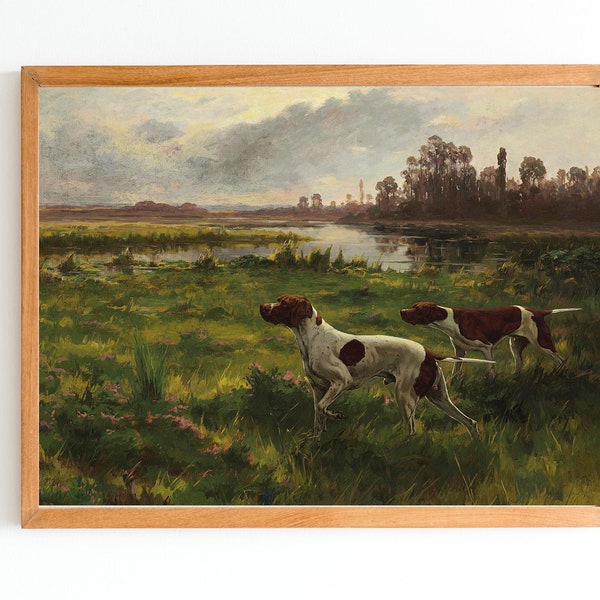 ART PRINT | Vintage Dogs Oil Painting | English Pointers Wall Art Print | Farmhouse Decor | Antique Dogs Print | Pet Painting | Hunting Art