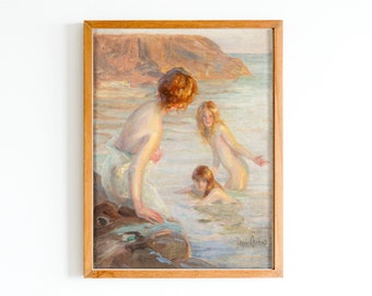 ART PRINT | Bathing Girls Oil Painting | Girls in the Wall Art Print | Swimmers Artwork | Summer Painting | Lake Art Print |Lake House Decor