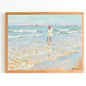 IMPRESIÓN ARTÍSTICA / Pintura al óleo de paisaje marino / Obra de arte costera antigua / Arte de paseo por las aguas poco profundas / Obra de arte costera / Impresión de arte de pared oceánico antiguo