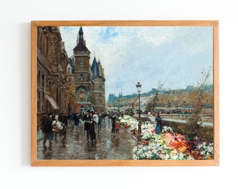 ART PRINT | Vintage Flowers Market Art | Vintage Paris Oil Painting | Antique Street Scene | Old Town Print | Flower Sellers