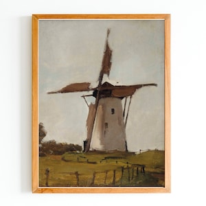 ART PRINT | Dutch Farmhouse Windmill Oil Painting | Holland Countryside Art| Farm Decor | Windmill Art | Vintage Country | Dutch Countryside