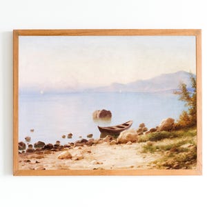 IMPRESIÓN ARTÍSTICA / Impresión artística de pared oceánica / Pintura al óleo de bote de remos vintage / Decoración de playa / Impresión artística de paisaje marino / Pintura de bahía antigua / Impresión costera