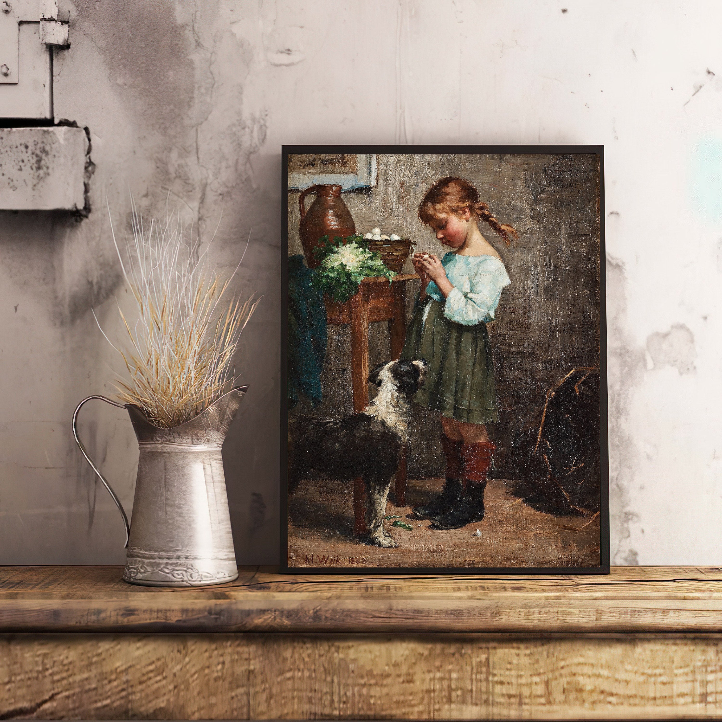 Girl With Dog Art Print | Vintage Oil Painting Portrait - Etsy UK