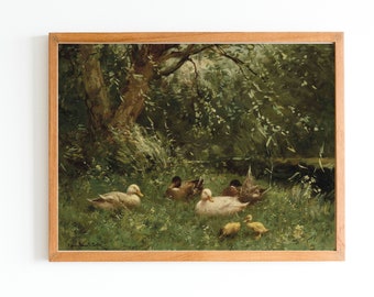 ART PRINT | Spring Duck Oil Painting | Duck Wall Art Print | Duckling Artwork | Antique Landscape  Art | Riverside Landscape | Farm Scenery