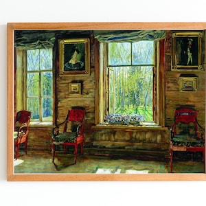 ART PRINT | Vintage Interior Scene Wall Art Print | Antique Living Room Oil Painting | Old Wooden House Interior Print | Window View Artwork
