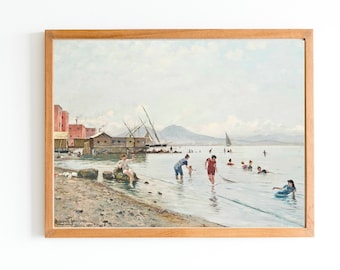 ART PRINT | Swimmers Beach Scene | Vintage Oil Painting | Seascape Art Print | Vintage Painting Swimmers | Coast Painting | Sea Artwork