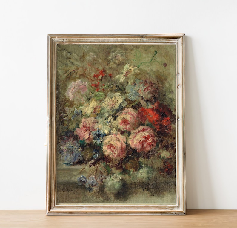 IMPRESSION D'ART peinture à l'huile vintage fleurs Nature morte de roses anciennes Roses blanches et roses Impression d'art shabby chic Art floral pastel image 4