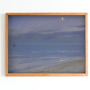 ART PRINT | Vintage Sea Beach at Night Painting | Calm Sea Wall Art Print | Seascape Artwork | Moonlit Shore Art | Moonlight at Sea Art