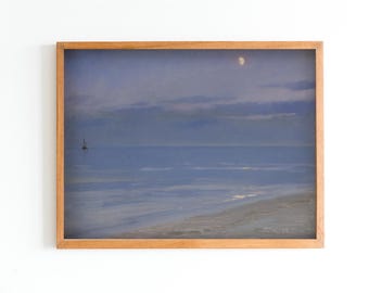 Vintage Moonlight Seascape Art Print | Calm Beach Painting