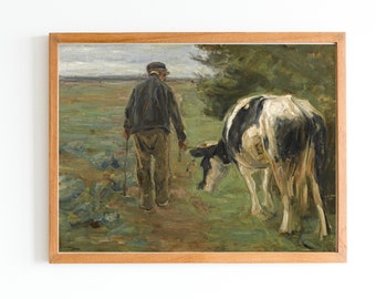 ART PRINT | Farmer With Cow Wall Art Print  | Vintage Oil Painting | Cow Painting | Country Painting | Vintage Wall Art | Farm Paintings