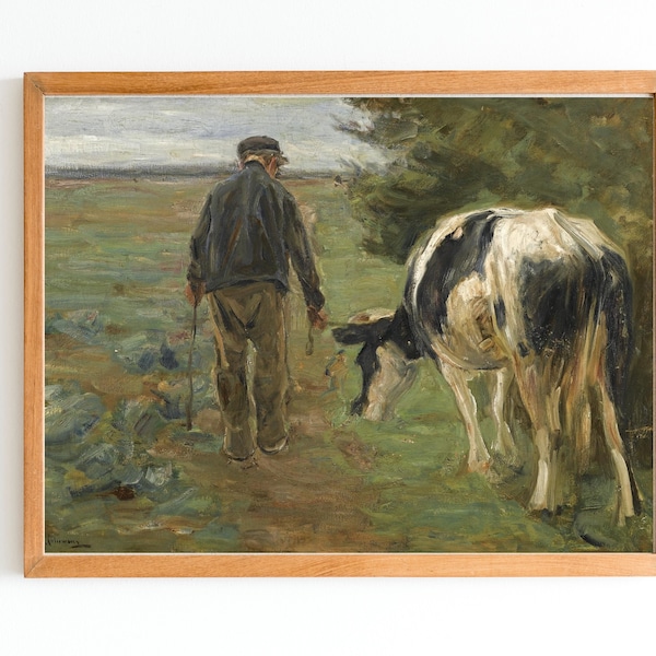 KUNSTAFDRUK | Boer met koe kunstprint aan de muur | Vintage olieverfschilderij | Koe schilderij | Landschilderij | Vintage kunst aan de muur | Boerderij schilderijen