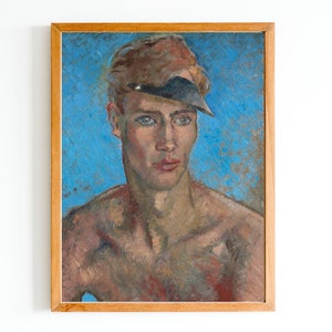 KUNSTDRUCK | Junger Mann Ölgemälde | Vintage Männer Porträt | Blauer Hintergrund | Hübsches klassisches Porträt eines jungen Mannes