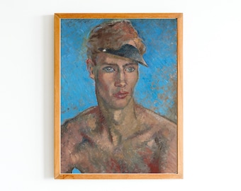 ART PRINT | A Young Man Oil Painting | Vintage Male Portrait | Blue Background Artwork | Handsome Young Man Classic Portrait