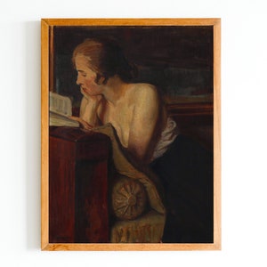 ART PRINT | A Woman Reading a Novel Painting | Moody Woman Portrait | Antique Female Portrait Painting | Library Artwork | Dark Portrait