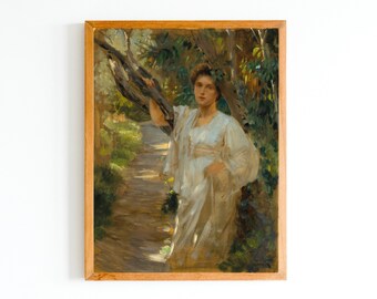 ART PRINT | Girl in White Painting | Woman in the Forest Art Print | Classic Young Woman Portrait | Classic European Artwork | Female Art