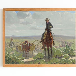 ART PRINT | Vintage Western Oil Painting | Texas Landscape Wall Art Decor | American Prairie Print | Cowboys Herding Cattle Painting