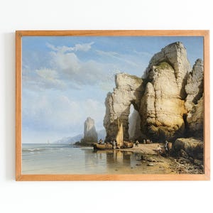 IMPRESIÓN ARTÍSTICA / Pintura al óleo de acantilados oceánicos antiguos / Impresión artística de pared con paisaje de costa rocosa / Arte de barco pesquero / Decoración de playa / Impresión costera