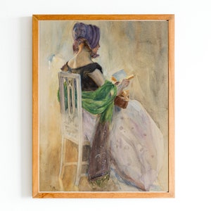 ART PRINT | Vintage Girl Reading Oil Painting | Antique Female Painting | Feminine Art | Neutral Painting | Classic Portrait | Romantic Art