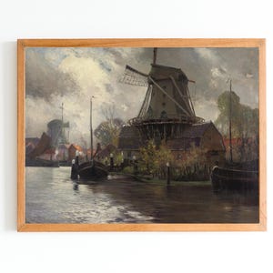 ART PRINT | Dutch Windmill Oil Painting | Country Landscape Art Print | Vintage Moody Landscape | Rustic Decor | Cottage Wall Art Print